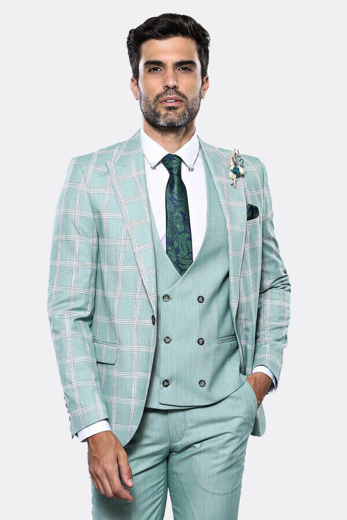Checked Light Green Vested Suit | Wessi