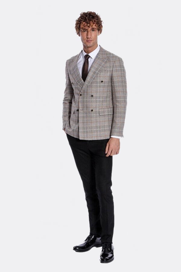 Checked Double Breasted Brown Men Blazer - Wessi