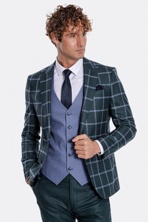 Checked Patterned Slim Fit Green Men Suit - Wessi