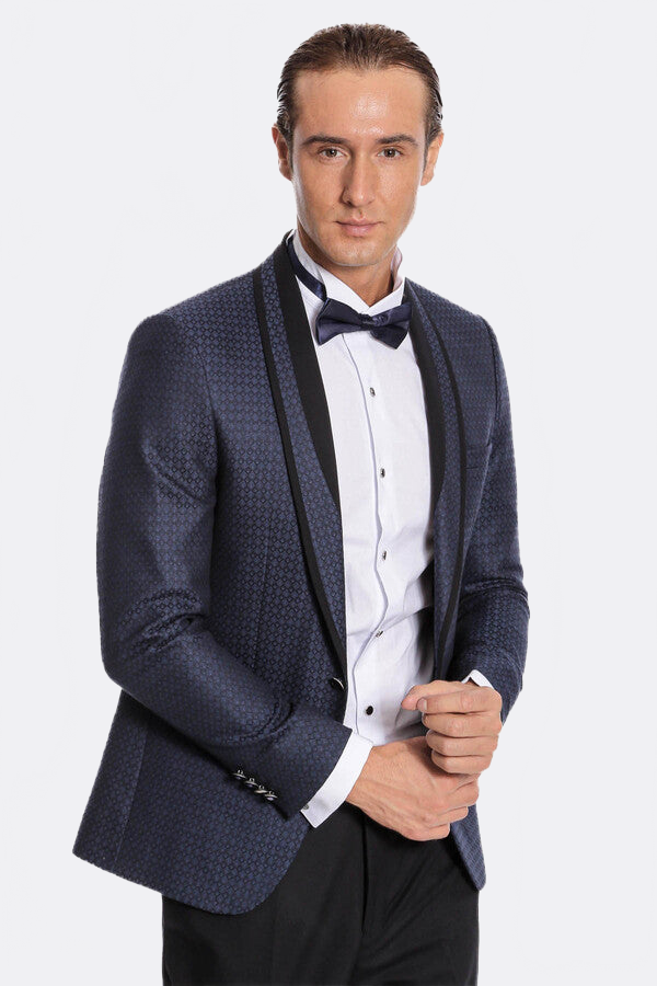 Shawl Lapel Patterned Slim Fit Navy Blue Tuxedo | Wessi