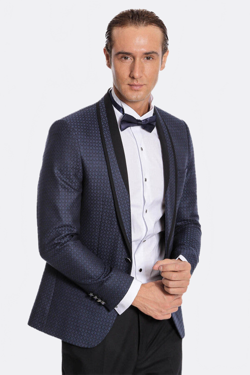 Shawl Lapel Patterned Slim Fit Navy Blue Tuxedo | Wessi