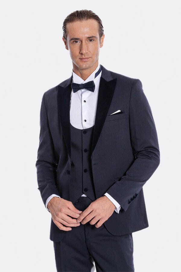 Velvet Lapel Slim Fit Navy Blue Men Tuxedo - Wessi