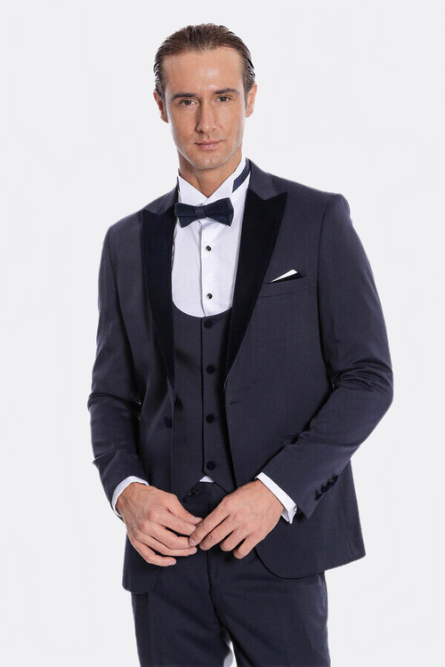 Velvet Lapel Slim Fit Navy Blue Men Tuxedo - Wessi