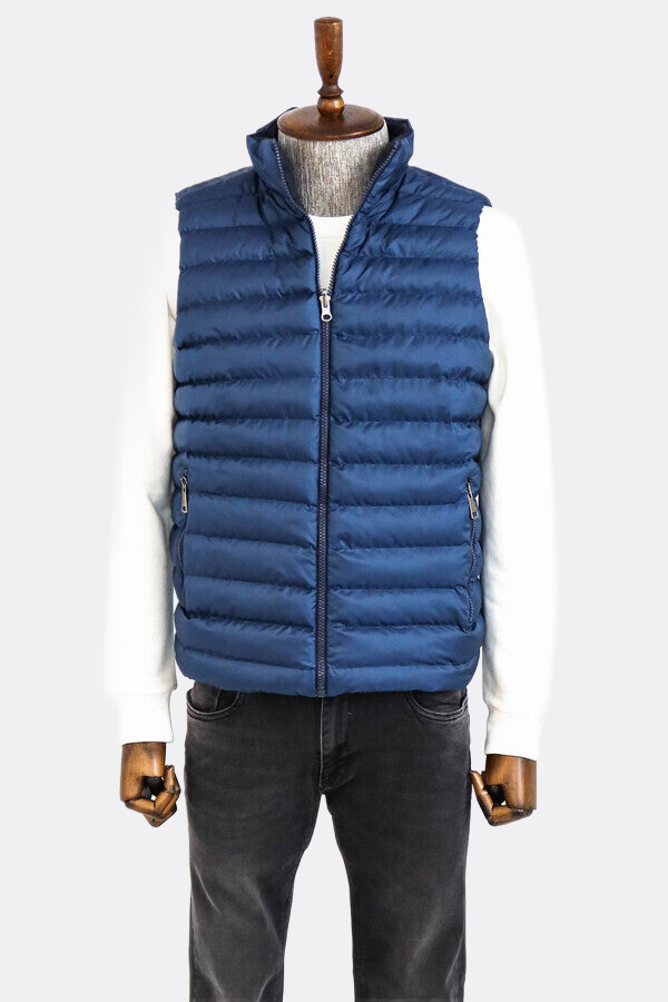 Reversible Quilted Standing Collar Blue Men Down Vest - Wessi
