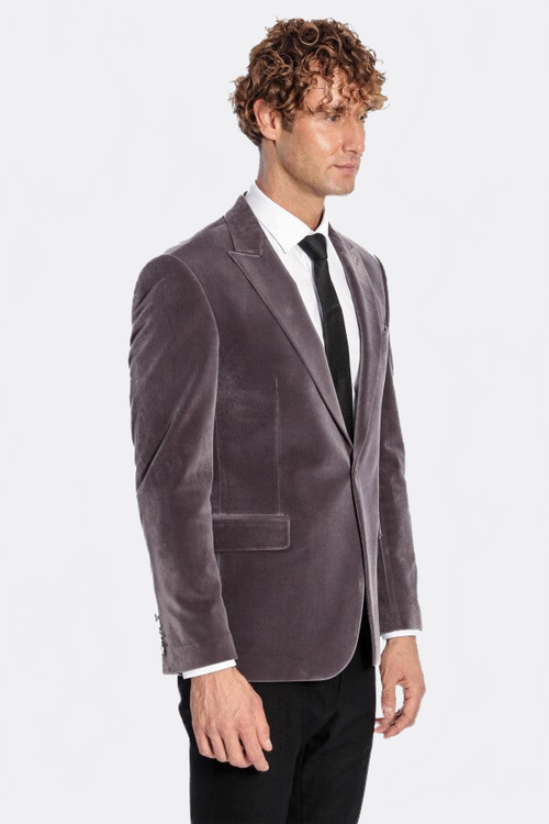 Wide Peak Lapel Single Button Velvet Grey Men Blazer - Wessi