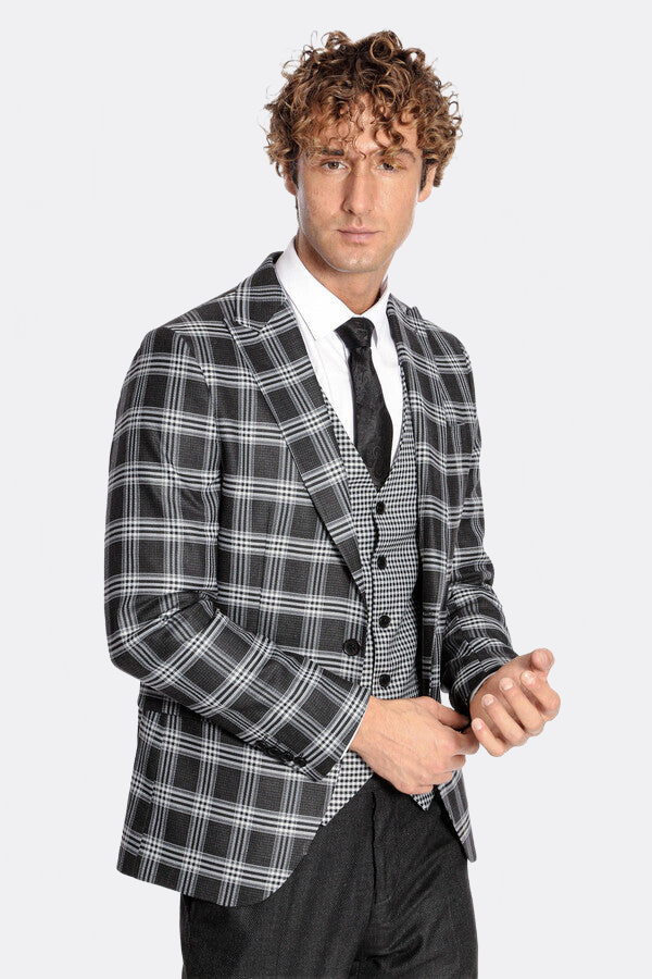 Slim Fit Patterned Checked Black Men Suit - Wessi