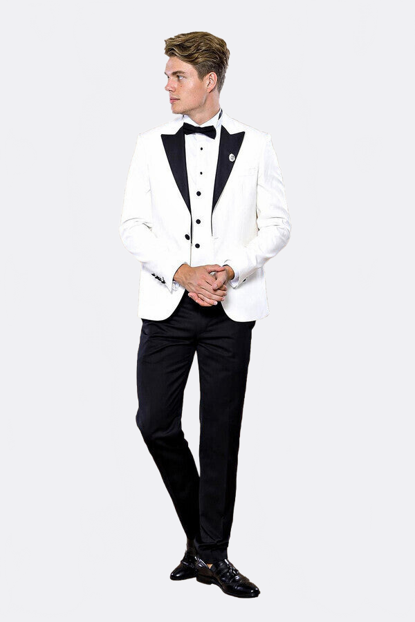 Peak Lapel 3 Piece White Tuxedo | Wessi