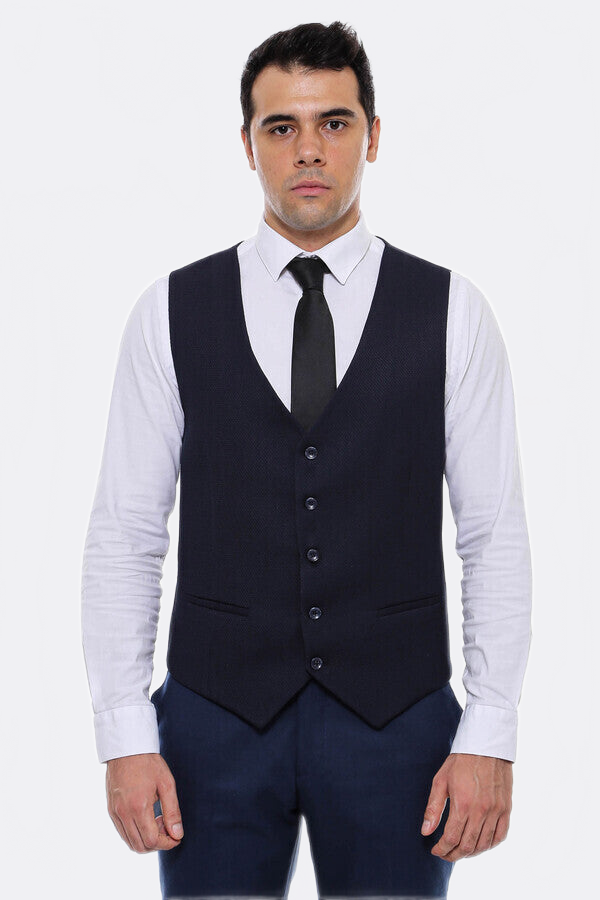 Patterned Navy Blue V Neck Vest - Wessi