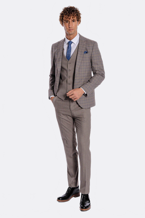 Checked Slim Fit Light Brown Men Suit - Wessi