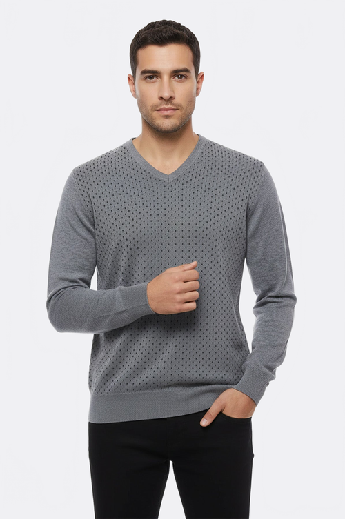 Dot Patterned V Neck Grey Sweater - Wessi
