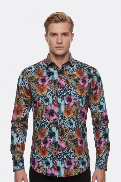 Floral Patterned Slim Fit Long Sleeves Multicolor Men Shirt - Wessi