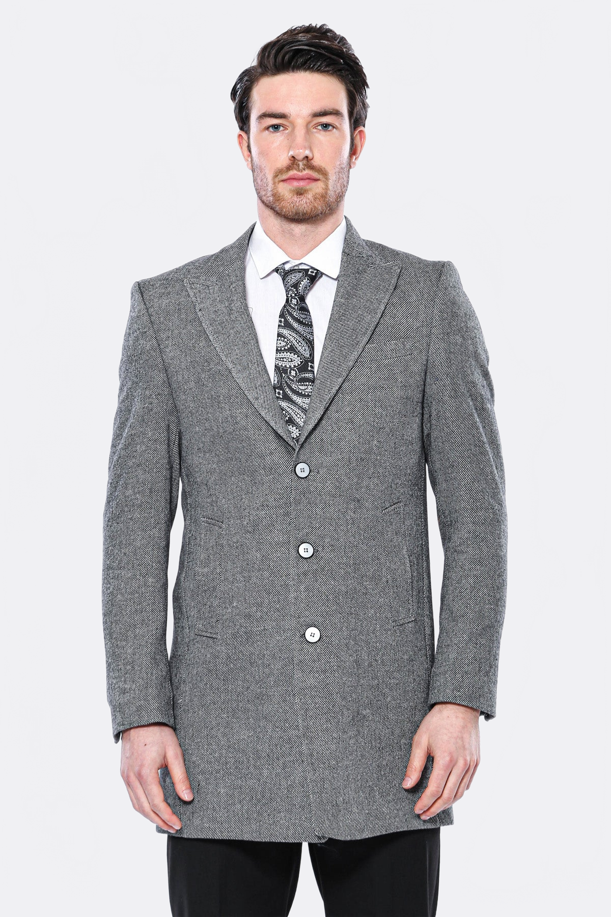 Cachet Peak Lapel Grey Men Long Coat - Wessi
