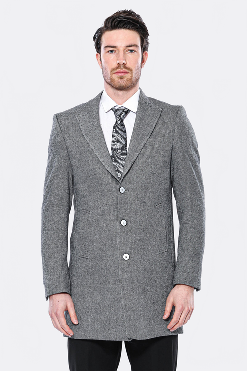 Cachet Peak Lapel Grey Men Long Coat - Wessi
