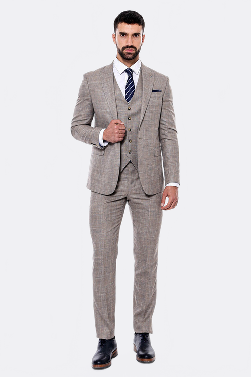 Patterned Vested Slim-Fit Beige Men’s Suit - Wessi