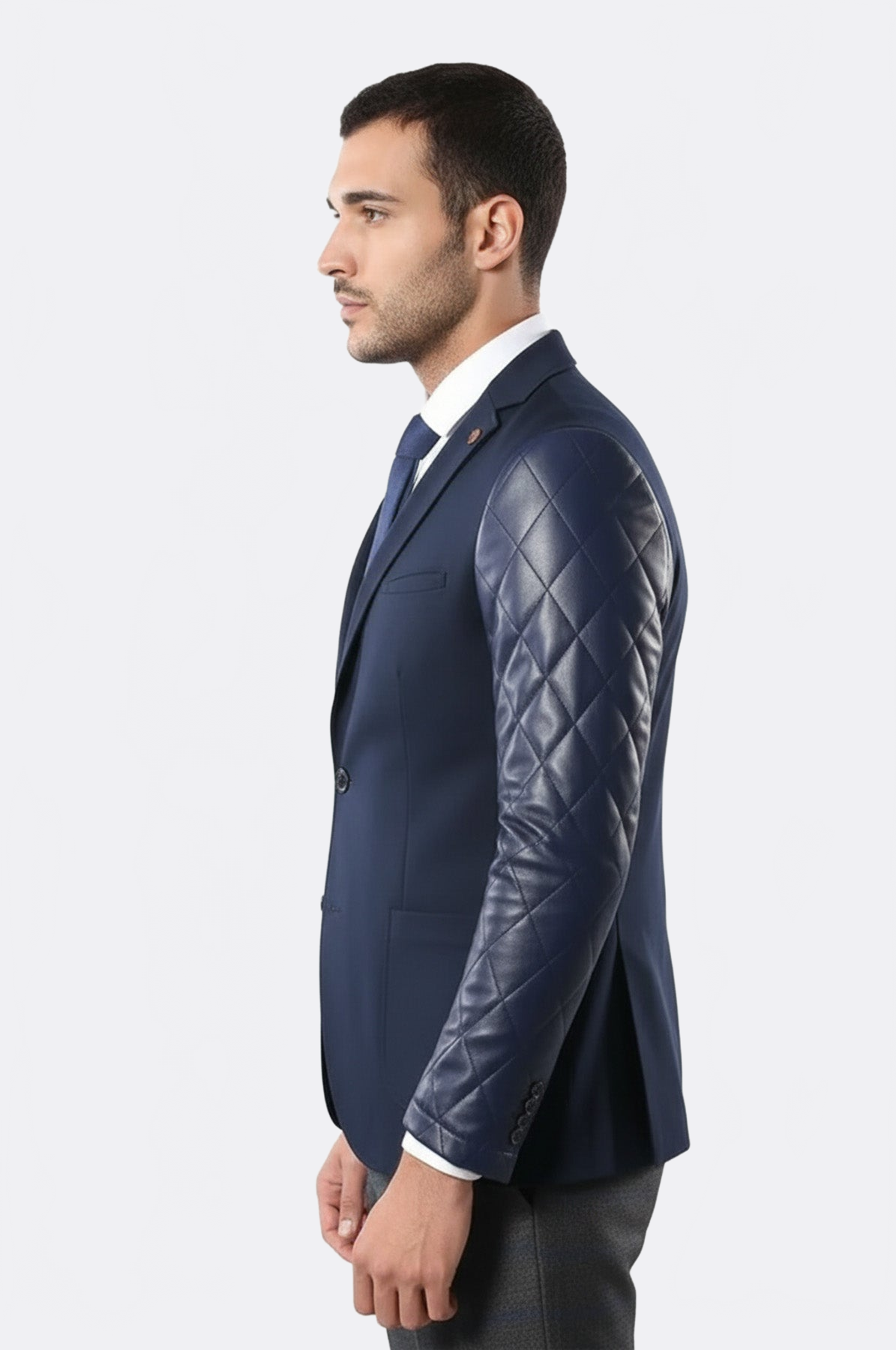 Leathered Sleeve Quilted Navy Blue Cache Blazer - Wessi