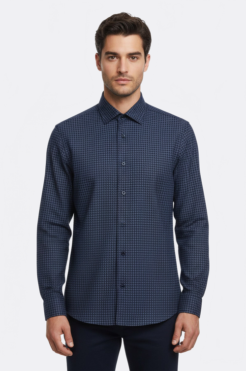Damask Pattern Slim Fit Long Sleeves Blue Men Shirt - Wessi