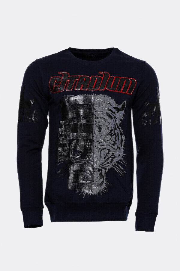 Navy Blue Patterned Slim Fit Sweatshirt - Wessi