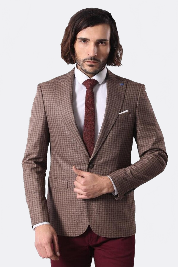 Single Button Plaid Brown Blazer - Wessi