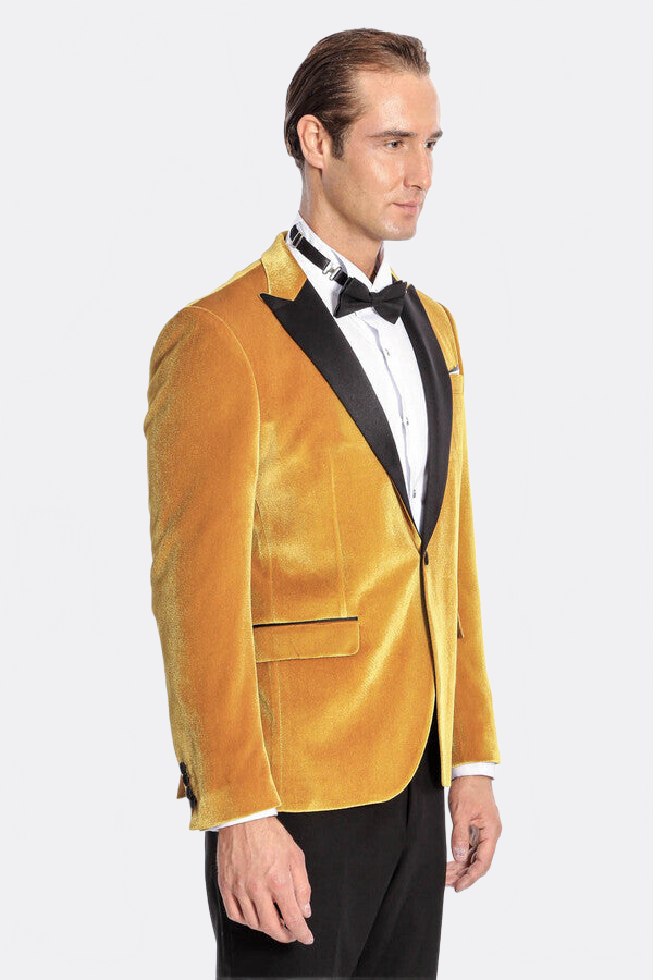 Velvet Slim Fit Yellow Men Prom Blazer - Wessi