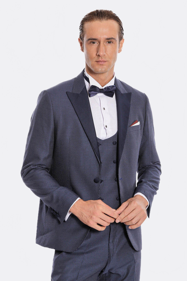 Removable Lapel Vested Navy Blue Tuxedo - Wessi
