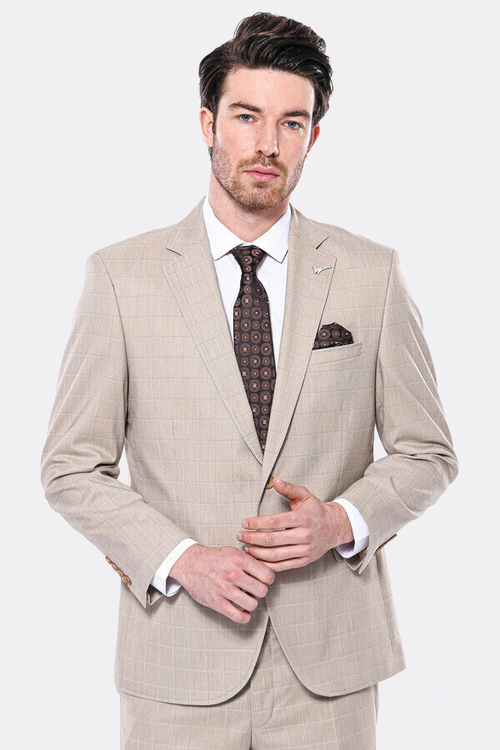 4 Drop Checked Regular Fit Beige Suit - Wessi