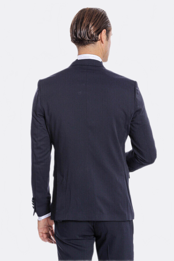 Velvet Lapel Slim Fit Navy Blue Men Tuxedo - Wessi