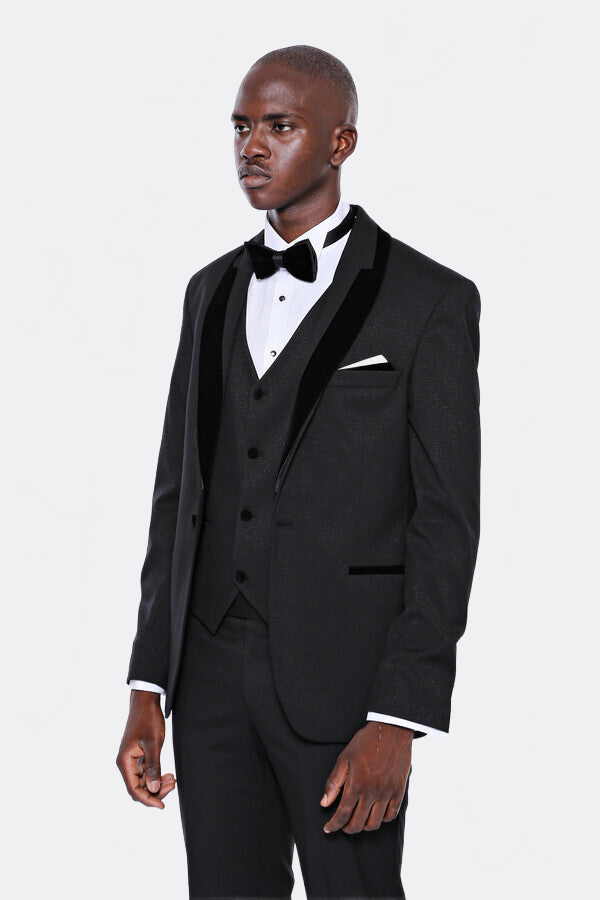 Patterned Velvet Lapel Black Men Tuxedo - Wessi