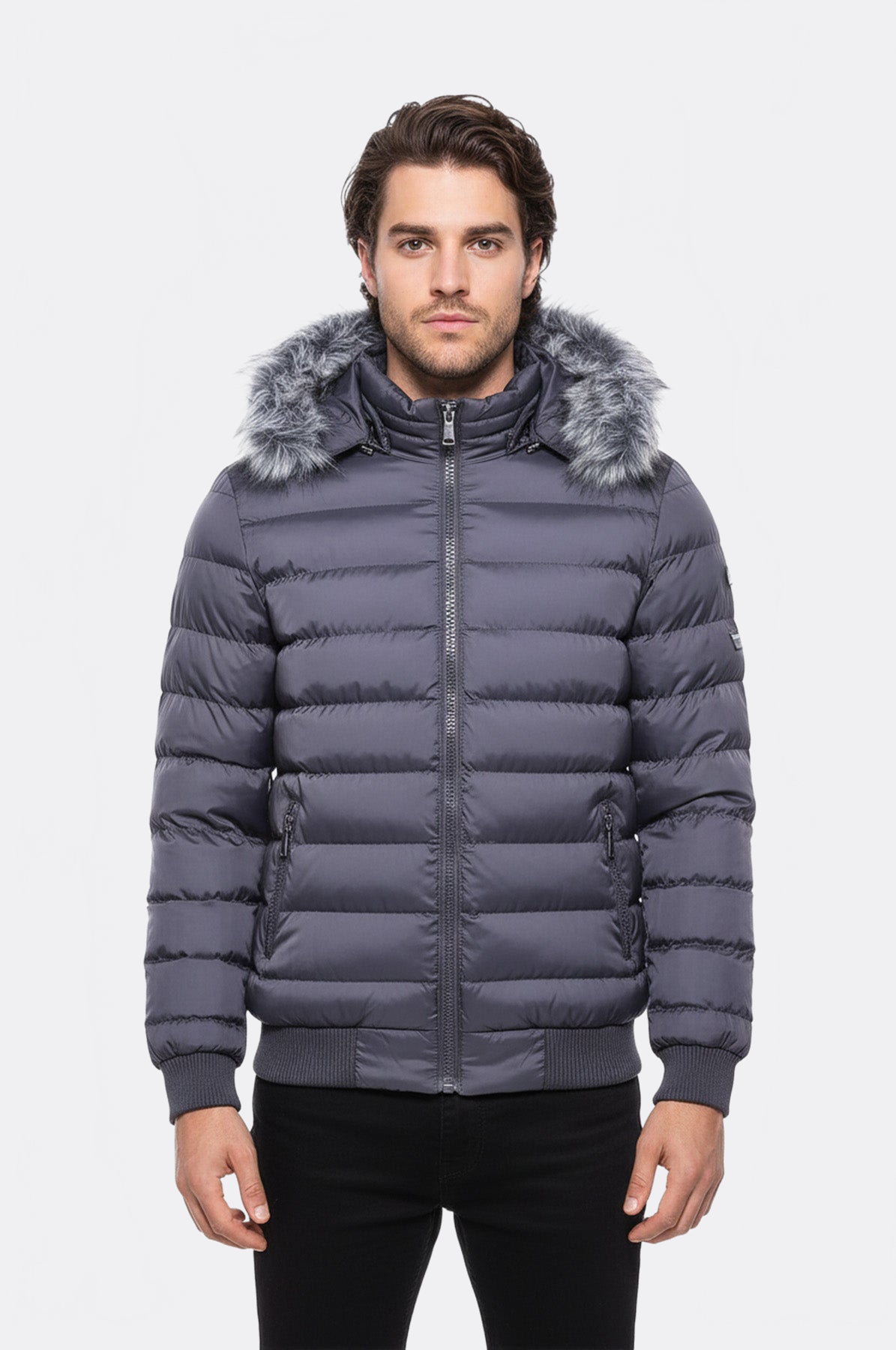 Grey Men's Puffer Coat with Fur - Wessi