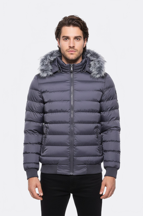 Grey Men's Puffer Coat with Fur - Wessi