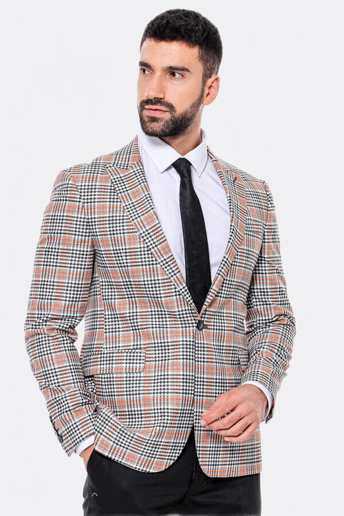 Plaid Slim-Fit Orange Black Men Blazer - Wessi