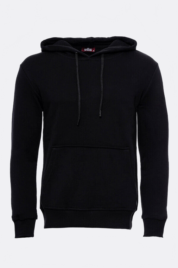 Hooded Pocket Plain Black Men's Sweatshirt - Wessi
