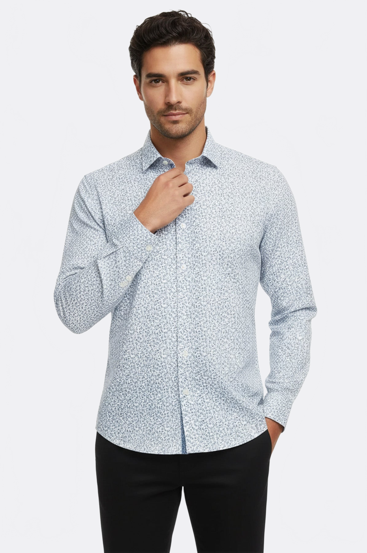 Blue Floral Patterned Slim Fit White Men Shirt - Wessi