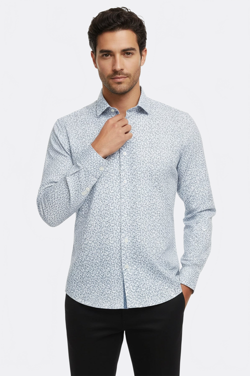 Blue Floral Patterned Slim Fit White Men Shirt - Wessi