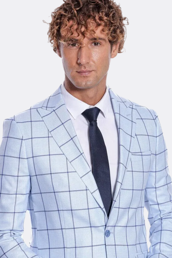 Plaid Slim Fit Light Blue Men Blazer - Wessi