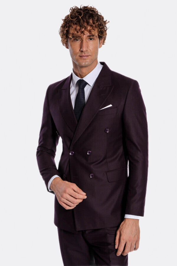 Double Breasted Plain Wide Lapel Purple Men Suit - Wessi