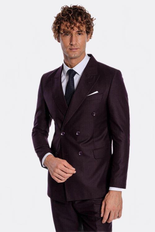 Double Breasted Plain Wide Lapel Purple Men Suit - Wessi