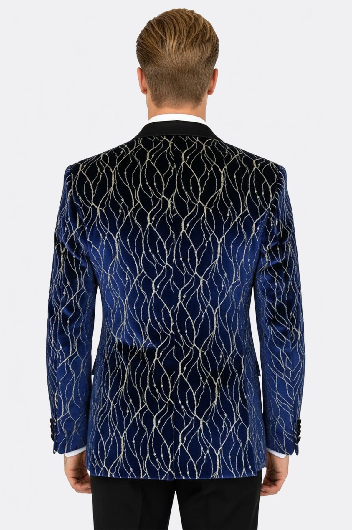 Gold Patterned Navy Blue Men Prom Blazer - Wessi