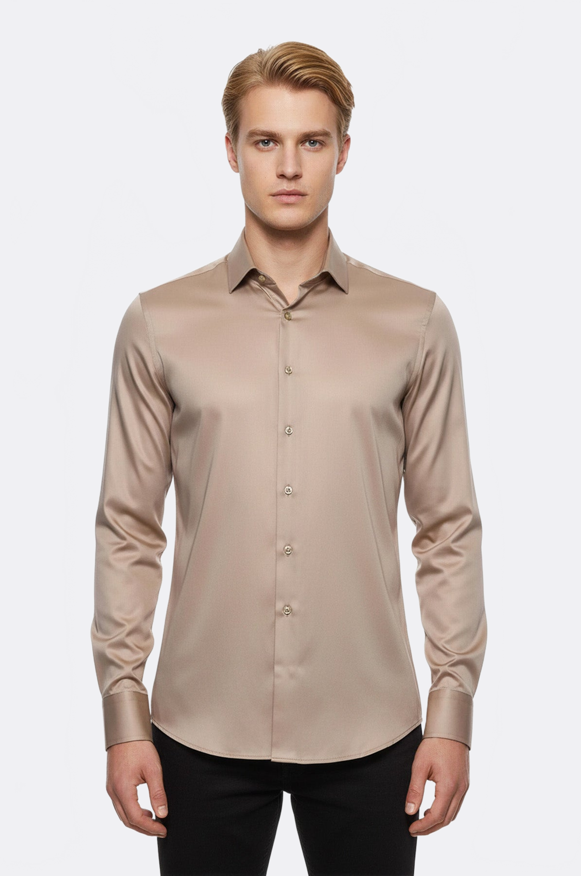 Cotton Satin Plain Long Sleeves Slim Fit Beige Men Shirt - Wessi