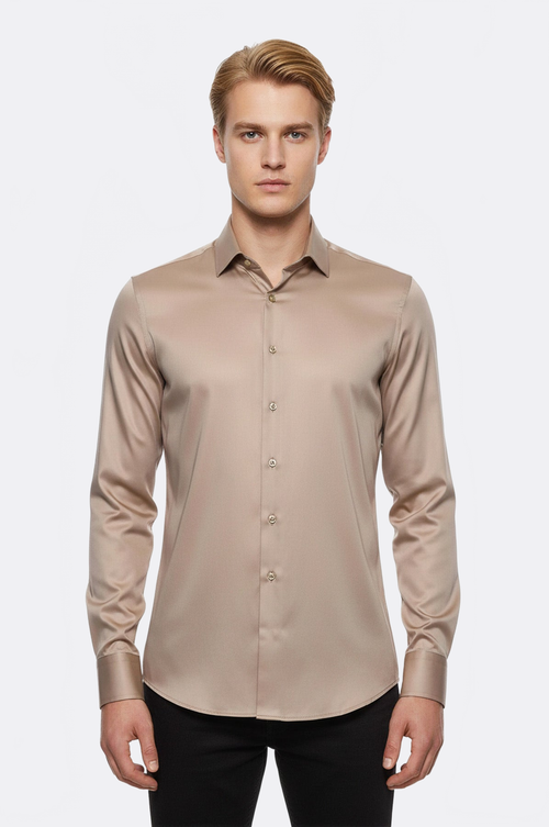 Cotton Satin Plain Long Sleeves Slim Fit Beige Men Shirt - Wessi