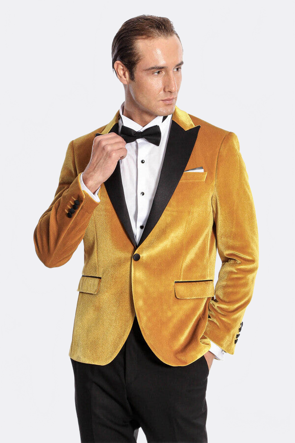 Velvet Slim Fit Yellow Men Prom Blazer - Wessi