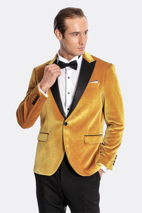 Velvet Slim Fit Yellow Men Prom Blazer - Wessi