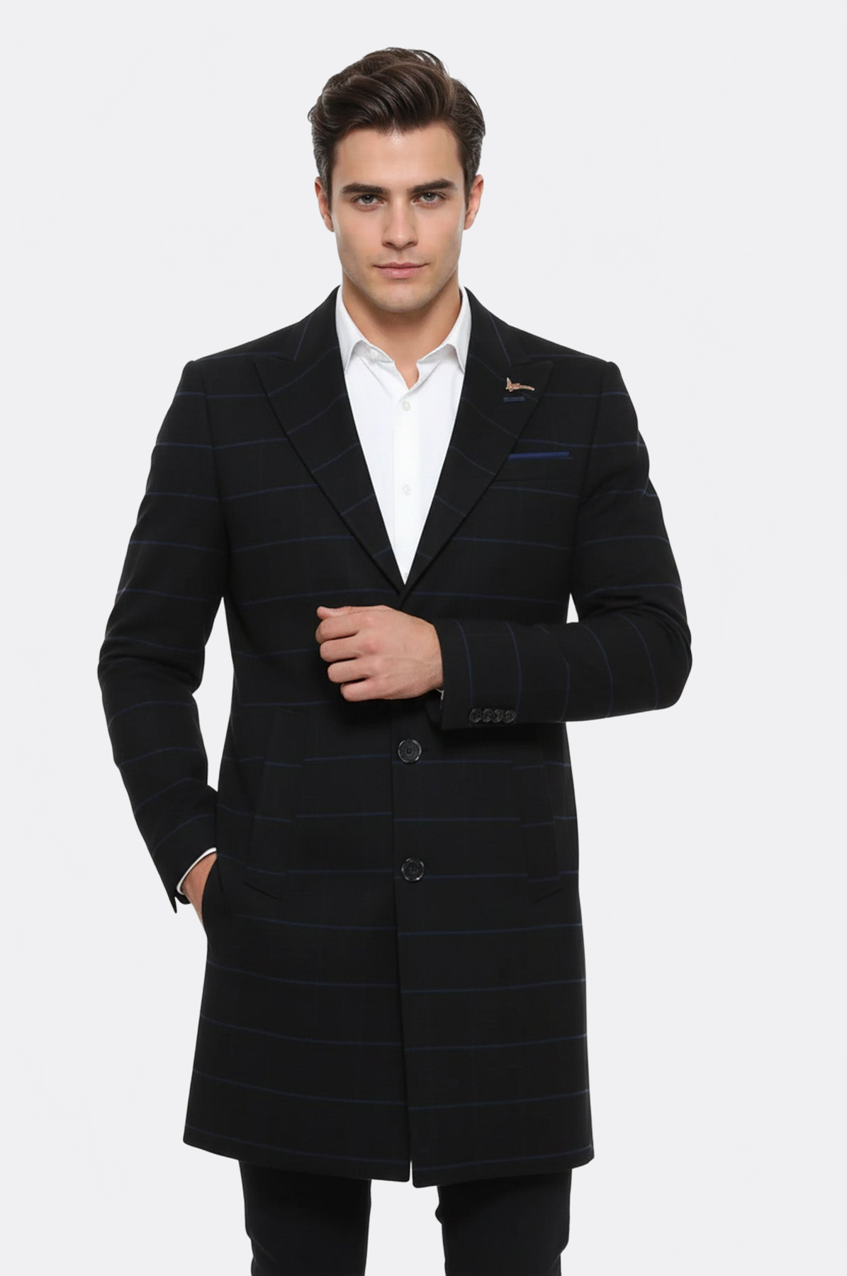 Wide Pointed Collar Black Men Coat - Wessi