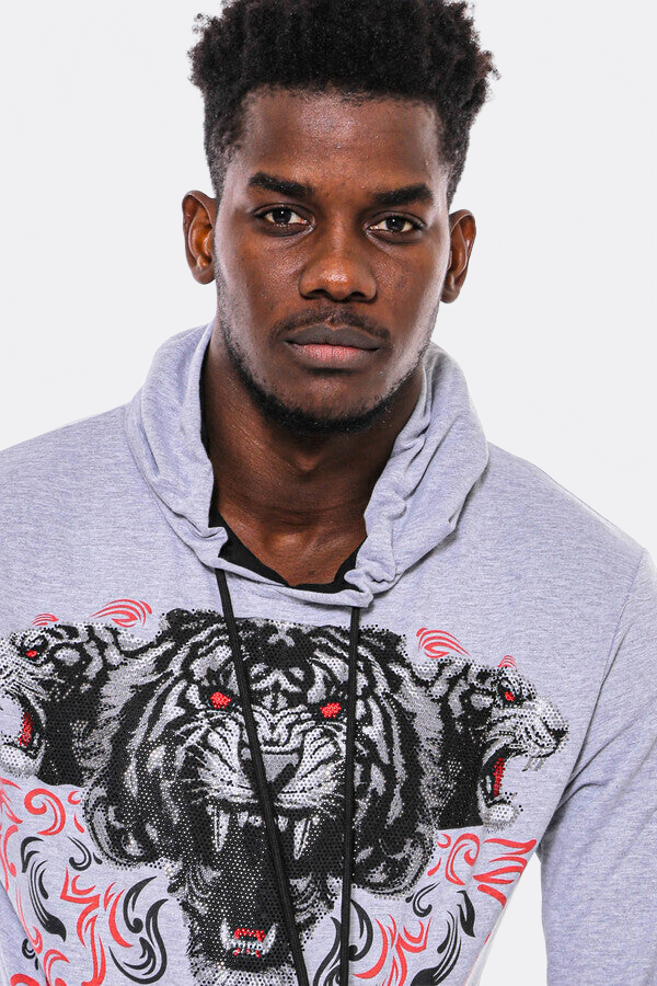 Patterned Hooded Silver Grey Sweatshirt - Wessi