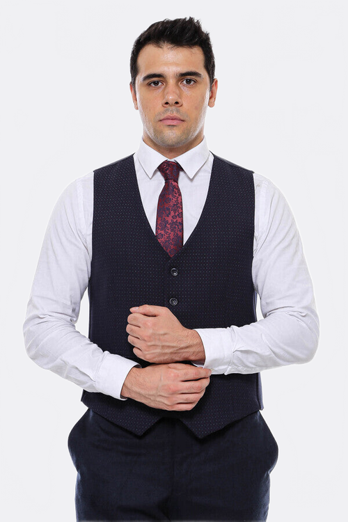 Dot Patterned Navy Blue Vest - Wessi