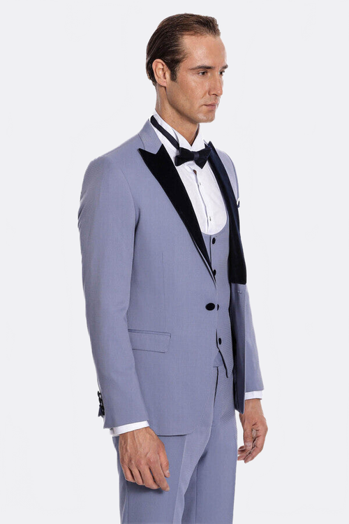Velvet Lapel Slim Fit Light Blue Men Suit - Wessi