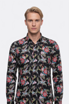 Hummingbird And Floral Patterned Long Sleeves Black Men Shirt - Wessi