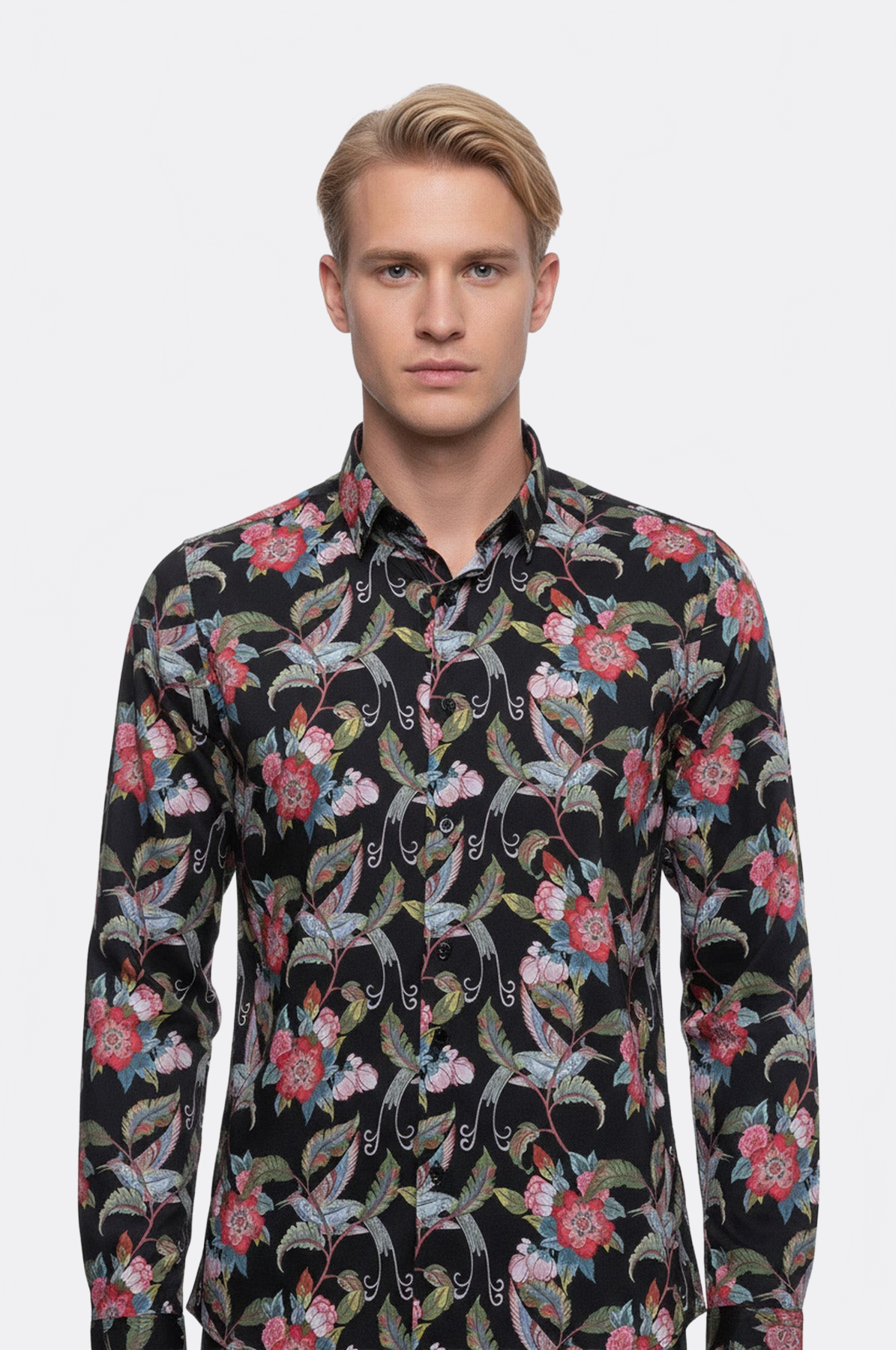 Hummingbird And Floral Patterned Long Sleeves Black Men Shirt - Wessi