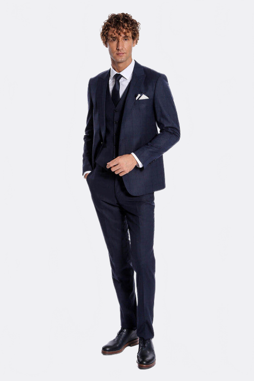 Checked Vested Slim Fit Navy Blue Men Suit - Wessi