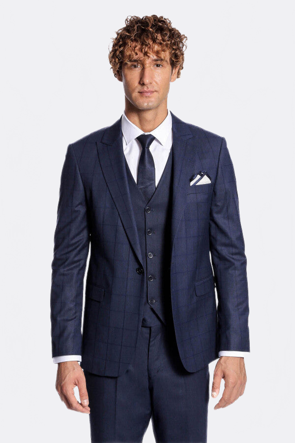Checked Vested Slim Fit Navy Blue Men Suit - Wessi