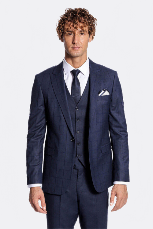 Checked Vested Slim Fit Navy Blue Men Suit - Wessi